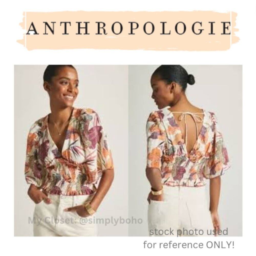NEW - Anthropologie Plunging V-Neck Smocked Kimono Blouse  Size SMALL